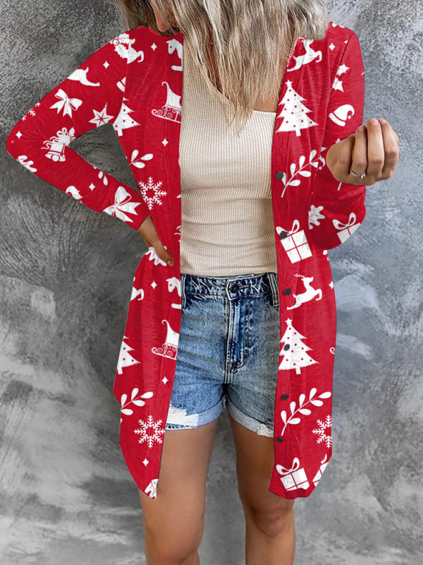 Women’s Christmas themed printed jacket small cardigan - Red / S