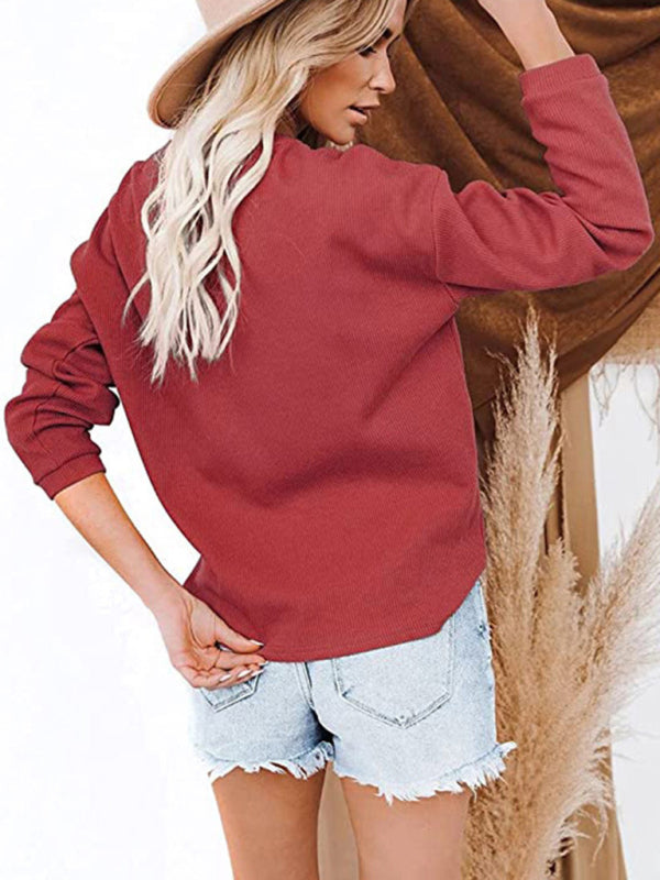 Women’s Clothes Amazon Hot Style V-neck Solid Color Long-sleeved Top T-Shirt Women
