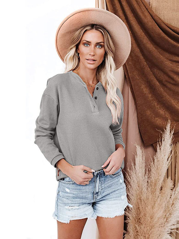 Women’s Clothes Amazon Hot Style V-neck Solid Color Long-sleeved Top T-Shirt Women