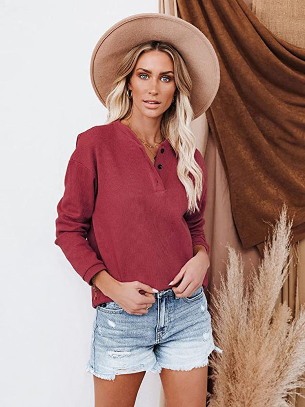 Women’s Clothes Amazon Hot Style V-neck Solid Color Long-sleeved Top T-Shirt Women