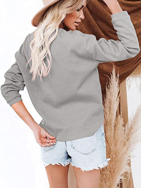 Women’s Clothes Amazon Hot Style V-neck Solid Color Long-sleeved Top T-Shirt Women