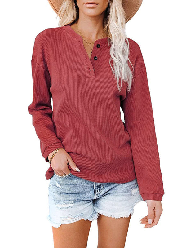 Women’s Clothes Amazon Hot Style V-neck Solid Color Long-sleeved Top T-Shirt Women