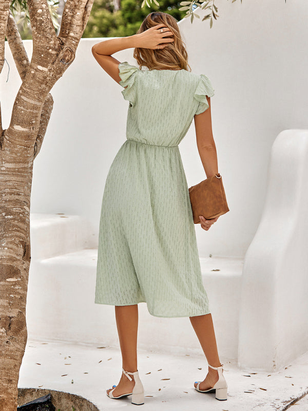 Women’s clothing European and American solid color V-neck waist fresh wind dress for women