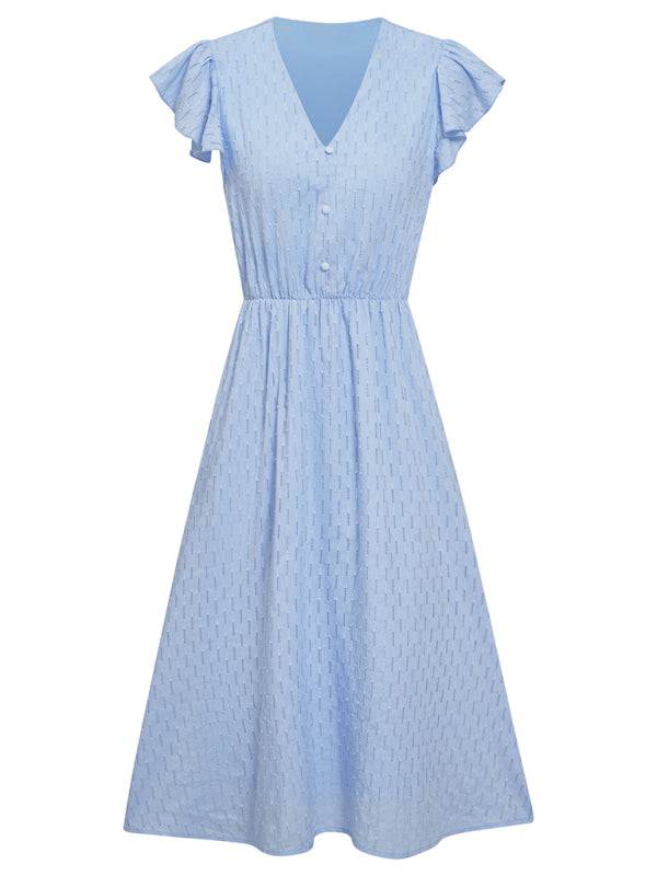 Women’s clothing European and American solid color V-neck waist fresh wind dress for women