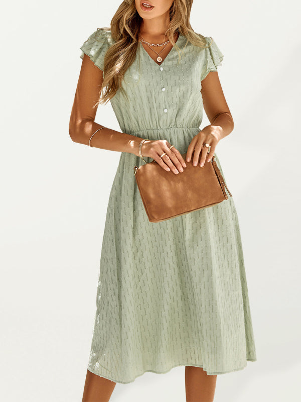 Women’s clothing European and American solid color V-neck waist fresh wind dress for women - Green / S