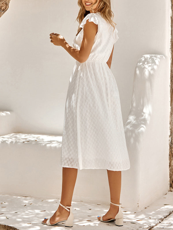 Women’s clothing European and American solid color V-neck waist fresh wind dress for women