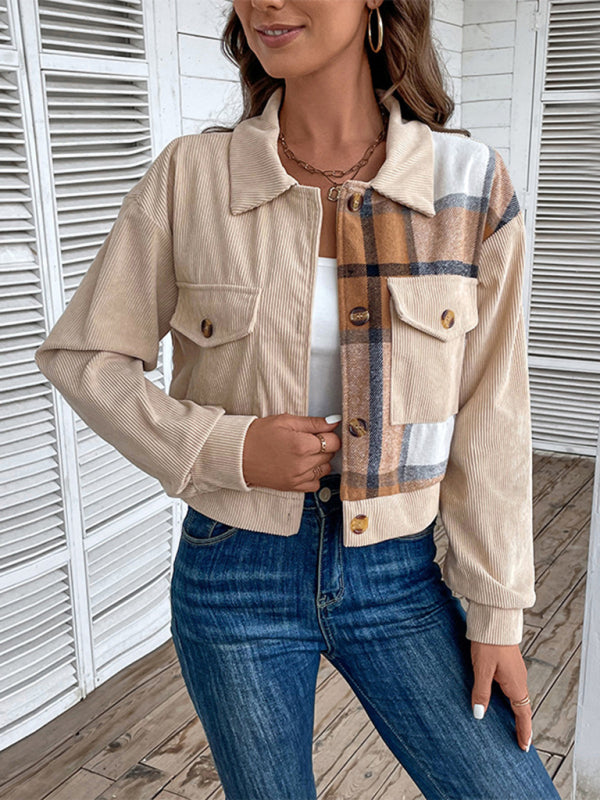 Women’s Color Block Plaid Short Jacket - Khaki / S