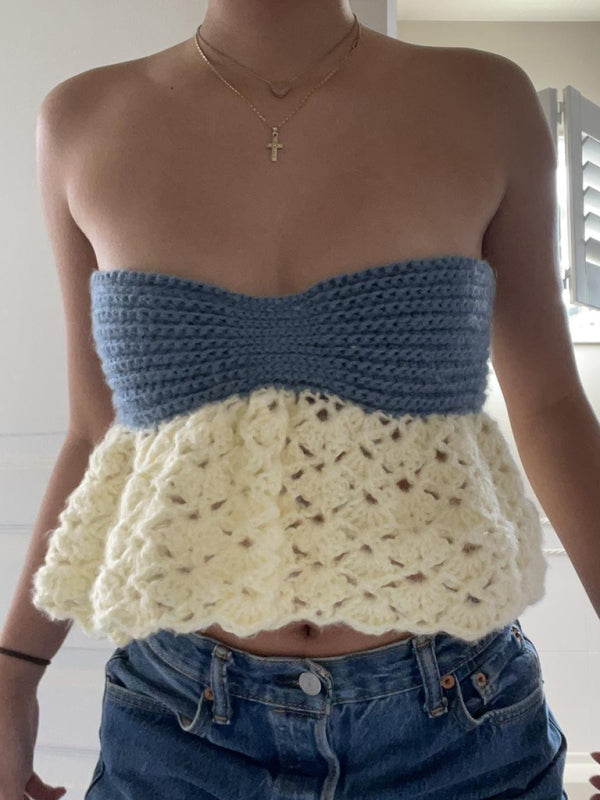 Women’s color-block tube top vest sexy one-shoulder straps backless hot girl knitted sweater top