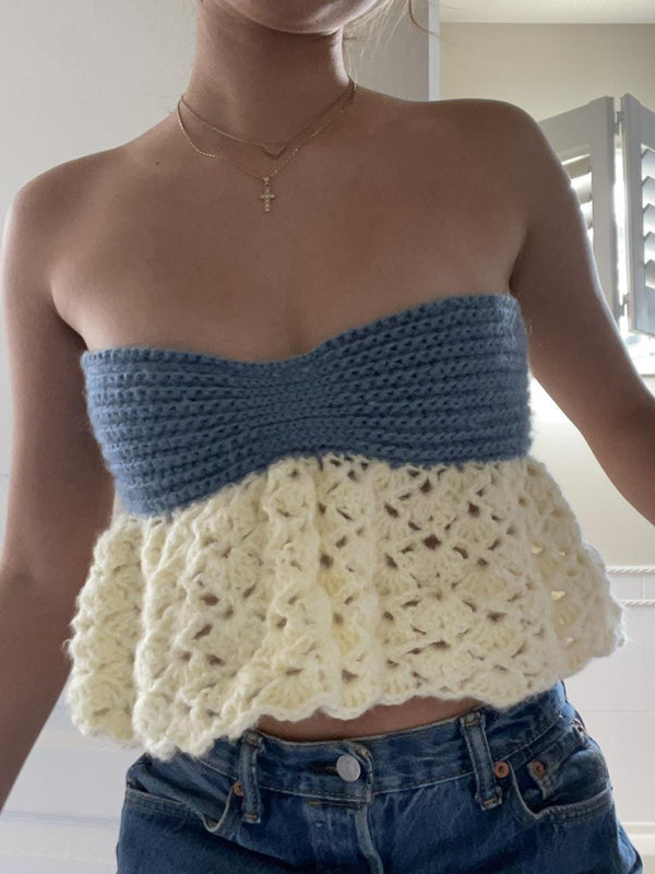Women’s color-block tube top vest sexy one-shoulder straps backless hot girl knitted sweater top - Blue / S