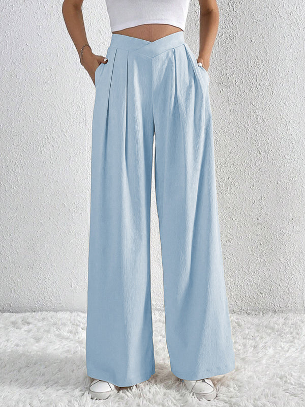 Women’s Commuter Style Pleated Casual Wide Leg Pants Loose Trousers - Clear blue / S