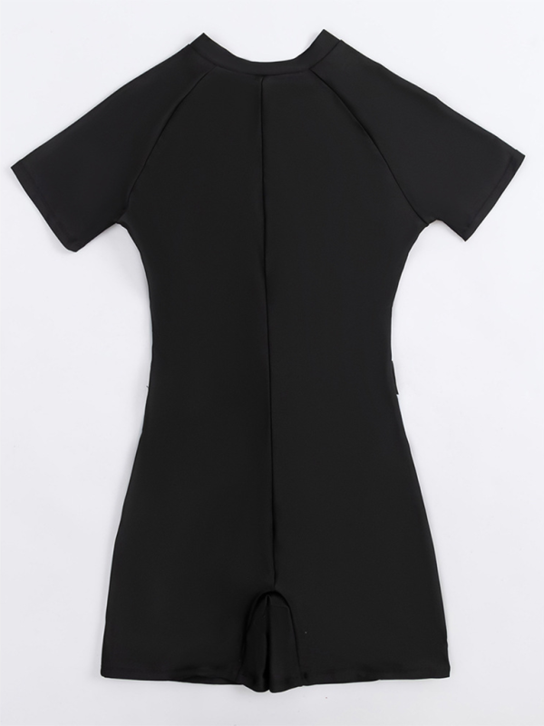 Women’s Contrast Color Zipper One-Piece Swimsuit Short Sleeve Surfing Suit