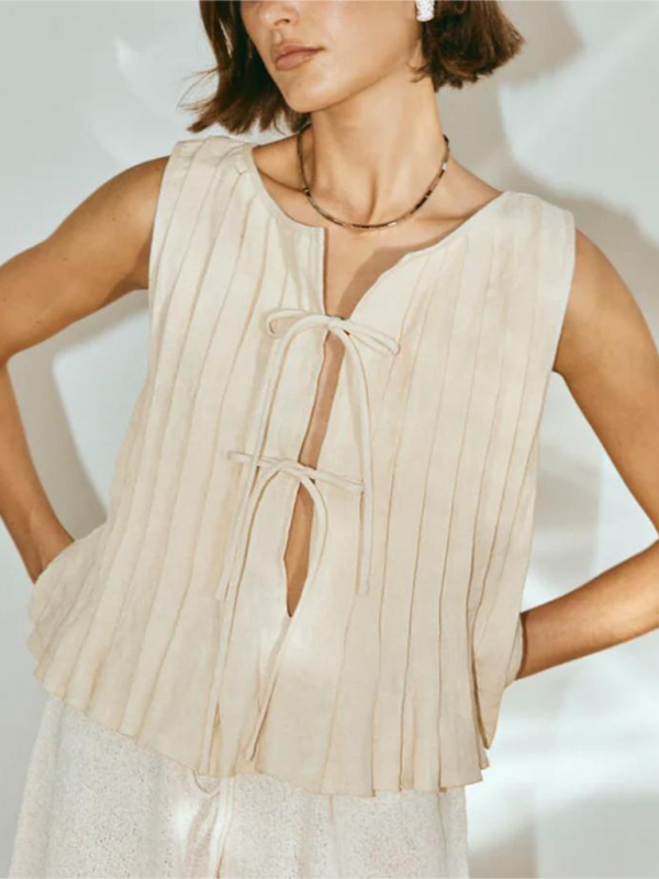 Women’s cotton and linen blouse with straps - Cracker khaki / S