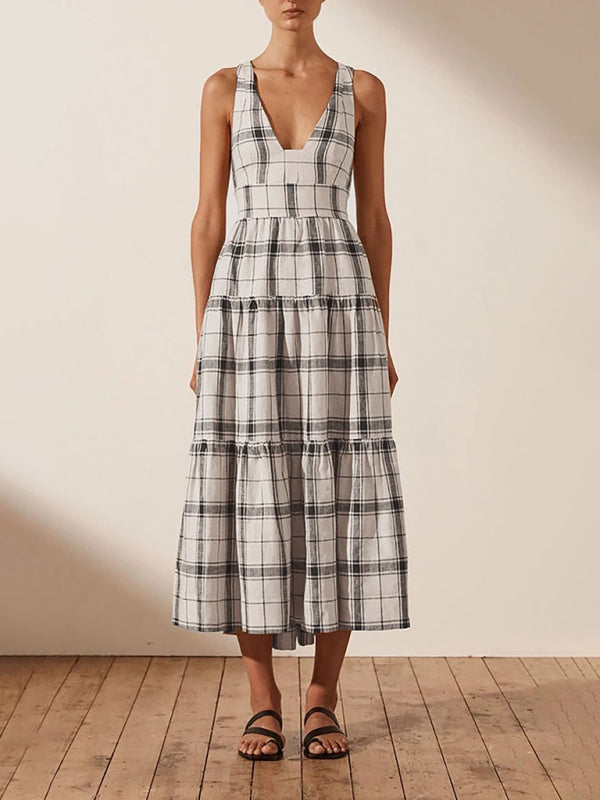 Women’s Deep V Open Back Check Dress