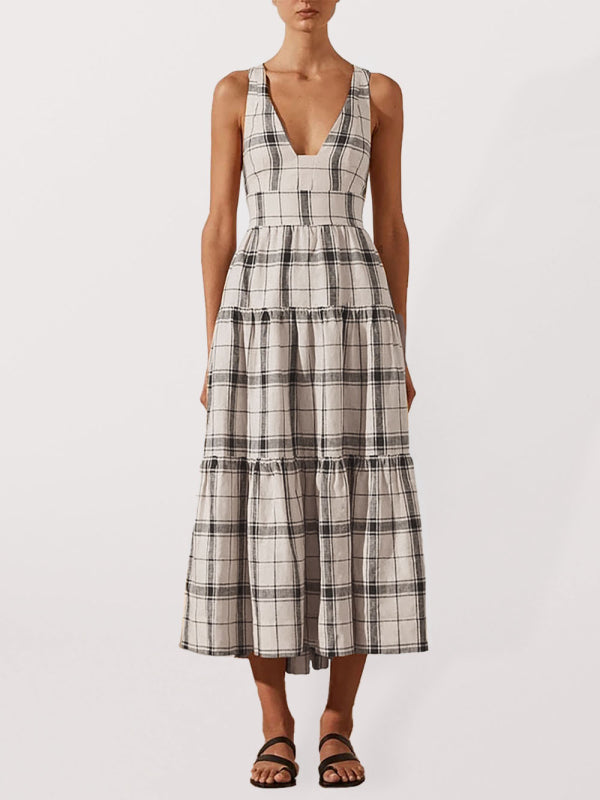 Women’s Deep V Open Back Check Dress - Raw white off white / S