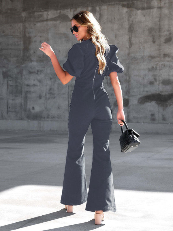 Women’s Denim Slim Puff Sleeve Crossover Waist Jumpsuit