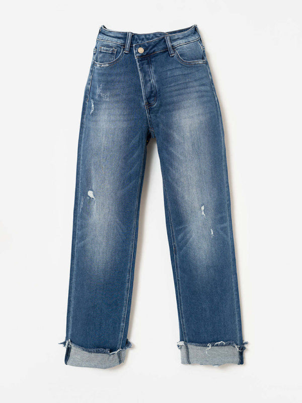 Women's Denim Washed High Waist Fashionable Casual Design Waist Drawstring Pants - Closther
