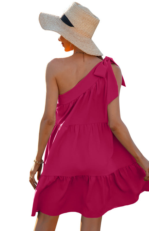 Women’s Diagonal Neck Solid Color Ruffle Dress