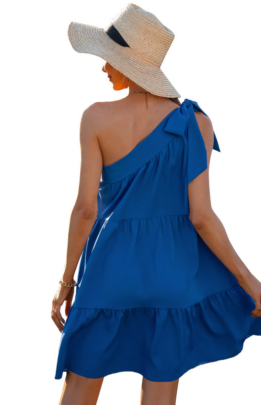 Women’s Diagonal Neck Solid Color Ruffle Dress