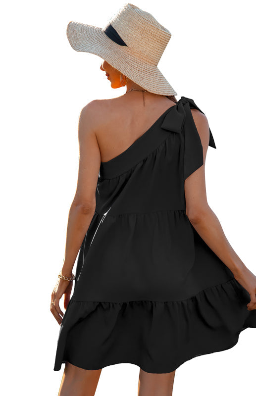 Women’s Diagonal Neck Solid Color Ruffle Dress