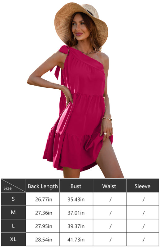 Women’s Diagonal Neck Solid Color Ruffle Dress