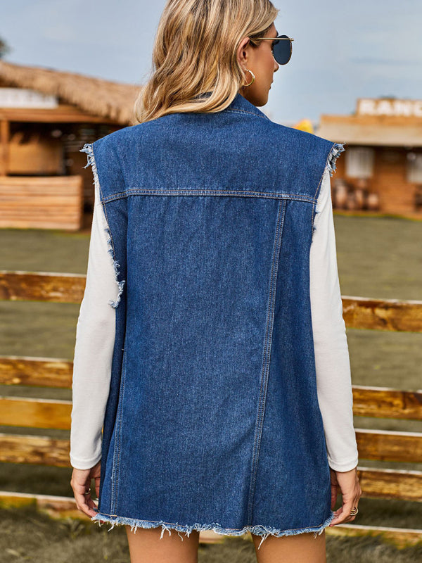 Women’s Distressed Denim Sleeveless Jacket