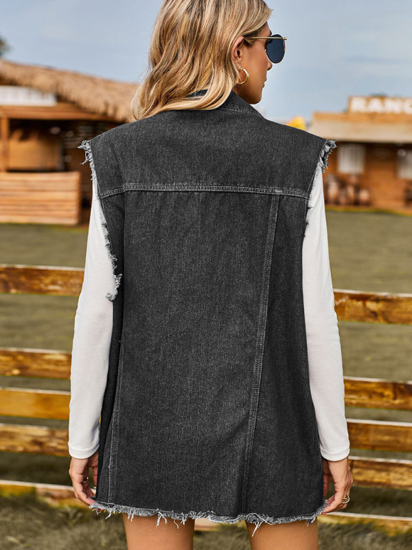 Women’s Distressed Denim Sleeveless Jacket