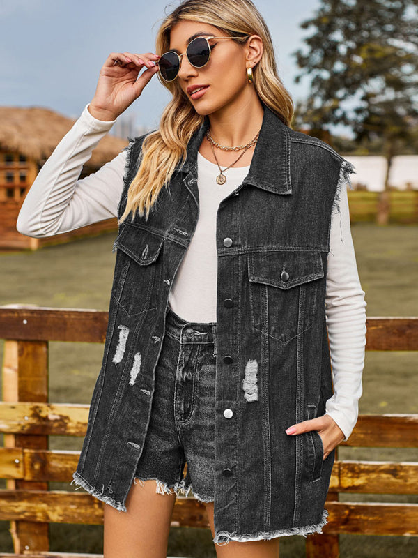 Women’s Distressed Denim Sleeveless Jacket