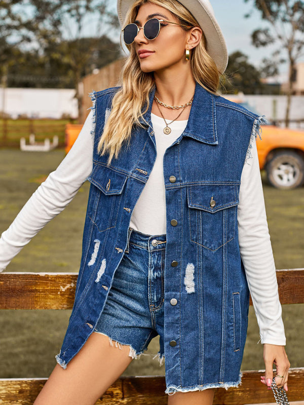 Women’s Distressed Denim Sleeveless Jacket