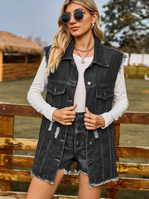 Women’s Distressed Denim Sleeveless Jacket - Black / S