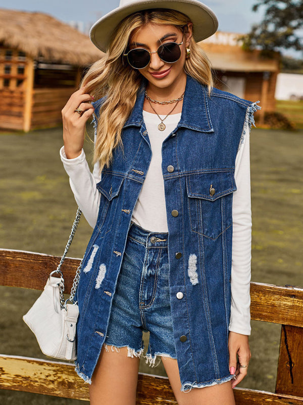 Women’s Distressed Denim Sleeveless Jacket - Blue / S