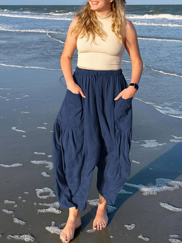 Women’s elastic waist pleated high waist wide leg pants loose casual pants - Purplish blue navy / S