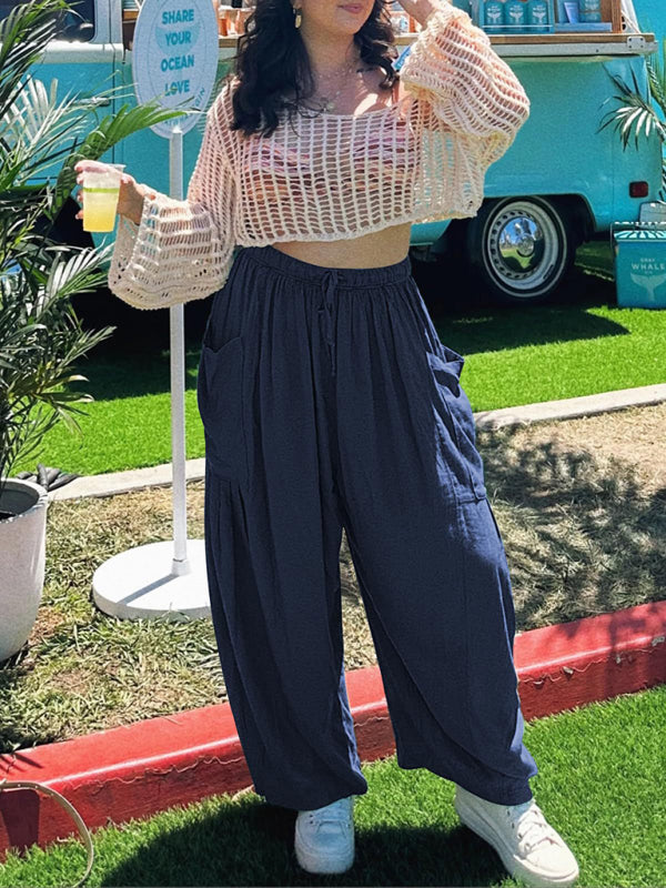 Women’s elastic waist pleated high waist wide leg pants loose casual pants