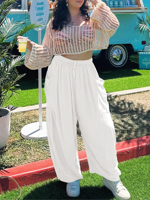 Women’s elastic waist pleated high waist wide leg pants loose casual pants