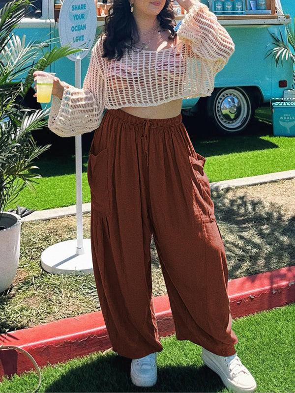 Women’s elastic waist pleated high waist wide leg pants loose casual pants
