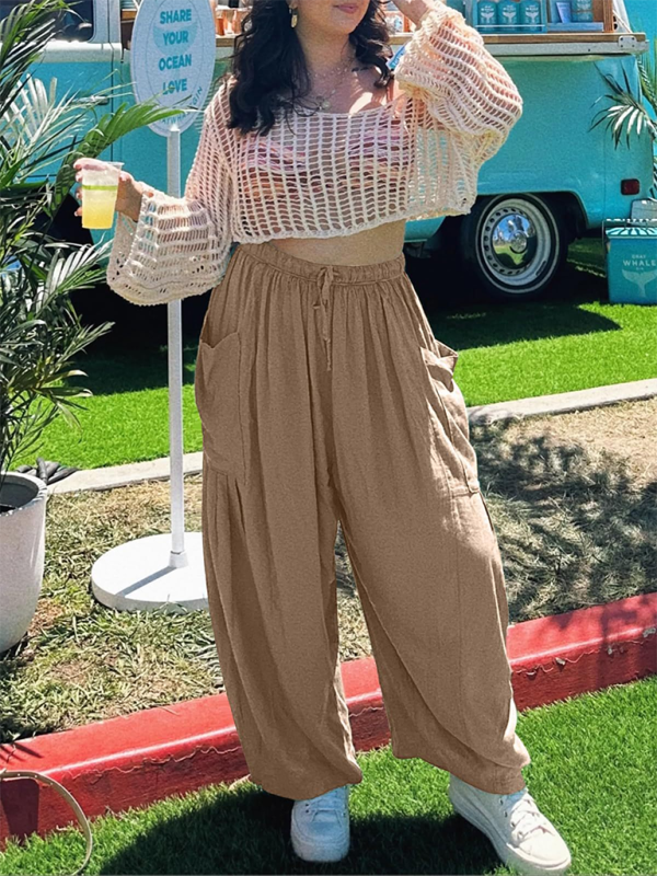 Women’s elastic waist pleated high waist wide leg pants loose casual pants