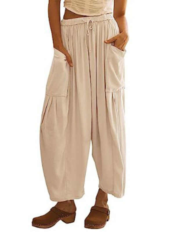 Women’s elastic waist pleated high waist wide leg pants loose casual pants - Cracker khaki / S
