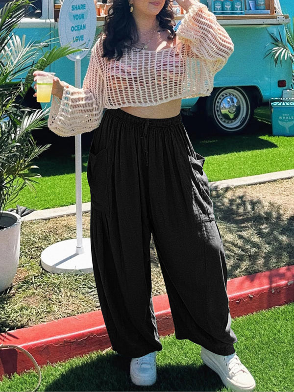 Women’s elastic waist pleated high waist wide leg pants loose casual pants