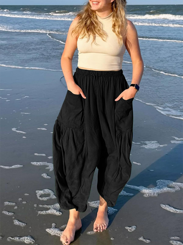 Women’s elastic waist pleated high waist wide leg pants loose casual pants - Black / S