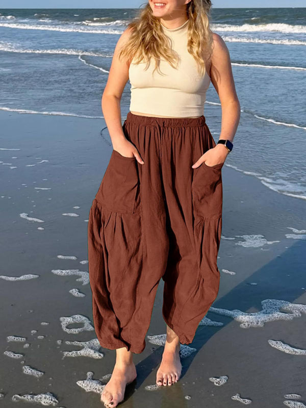 Women’s elastic waist pleated high waist wide leg pants loose casual pants - Coffee / S