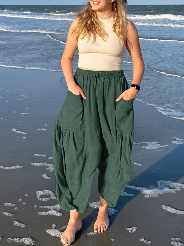 Women’s elastic waist pleated high waist wide leg pants loose casual pants - Green / S