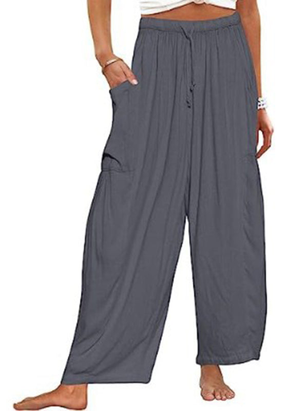 Women’s elastic waist pleated high waist wide leg pants loose casual pants - Grey / S