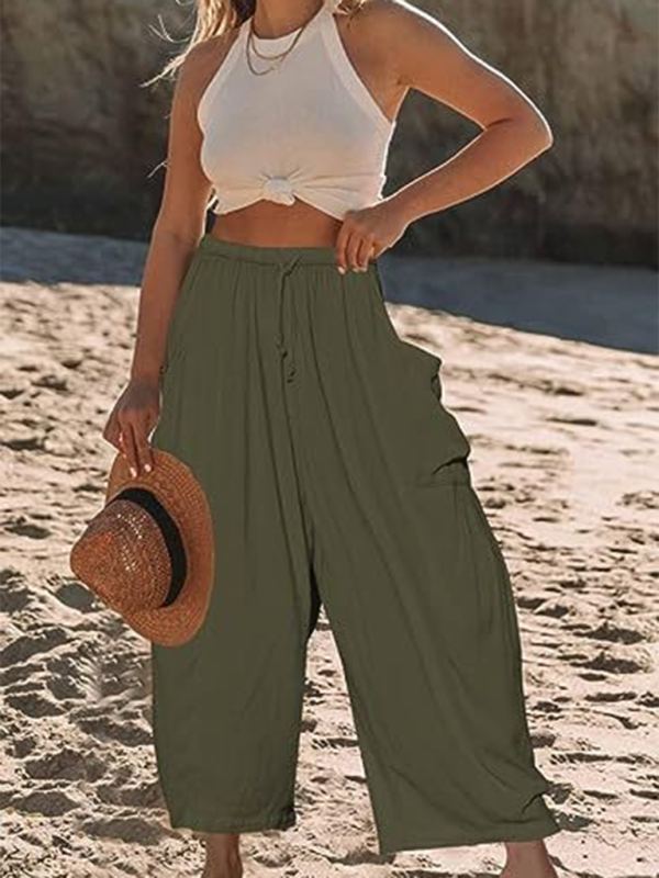 Women’s elastic waist pleated high waist wide leg pants loose casual pants - Olive green / S