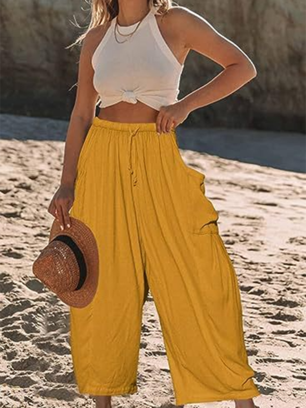 Women’s elastic waist pleated high waist wide leg pants loose casual pants - Yellow / S