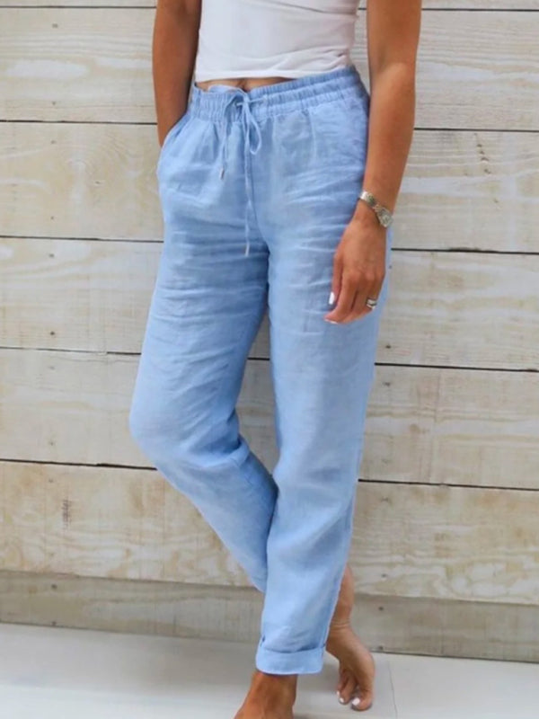 Women’s Elastic Waist Solid Color Wide Leg Pants Loose Trousers - Blue / S