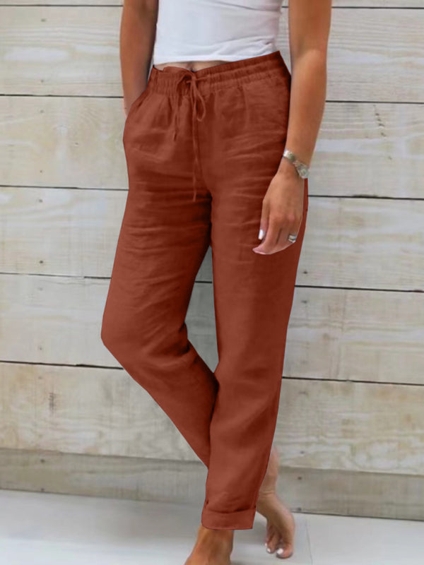 Women’s Elastic Waist Solid Color Wide Leg Pants Loose Trousers - Brick red / S
