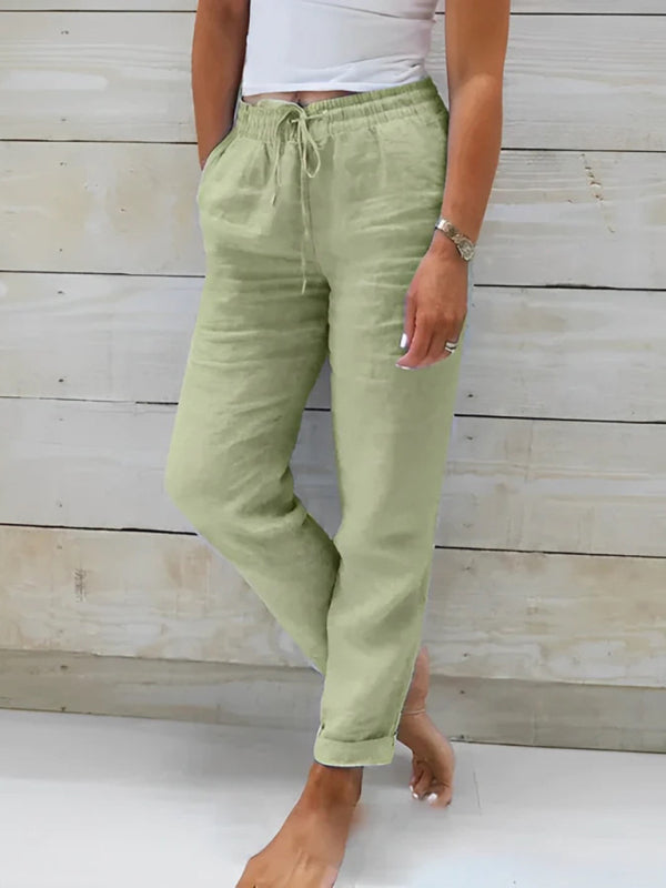 Women’s Elastic Waist Solid Color Wide Leg Pants Loose Trousers - Green / S