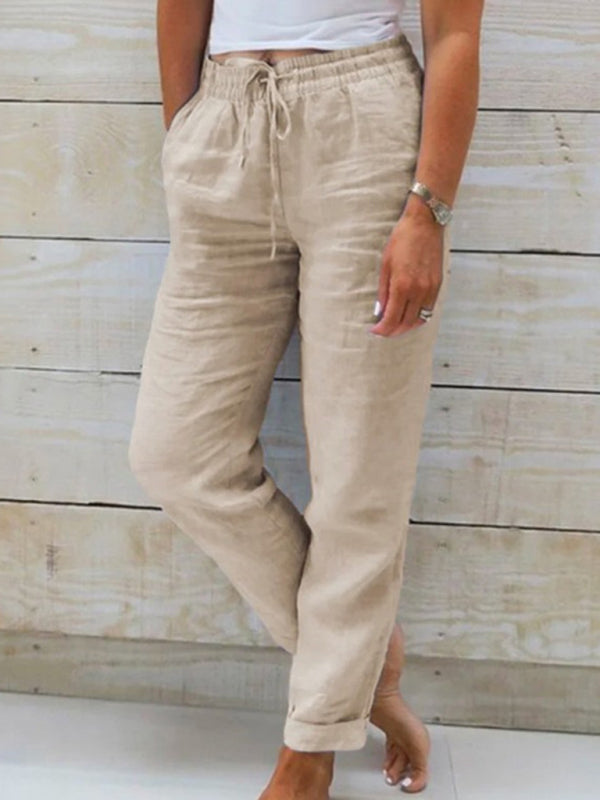 Women’s Elastic Waist Solid Color Wide Leg Pants Loose Trousers - Khaki / S