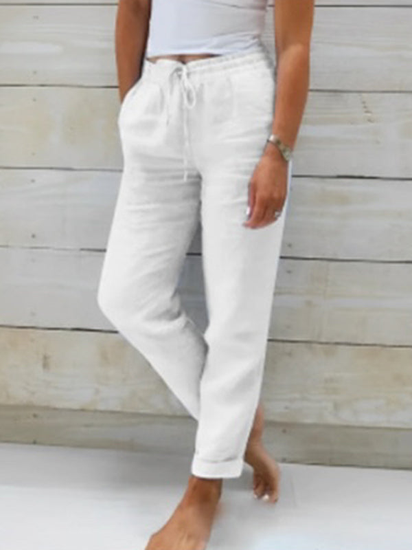 Women’s Elastic Waist Solid Color Wide Leg Pants Loose Trousers - White / S