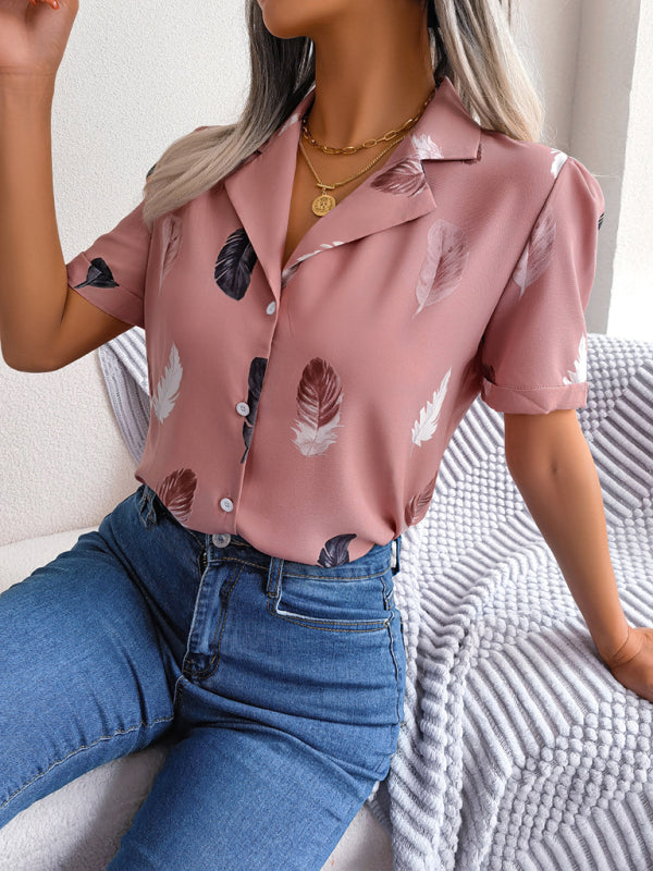 Women’s Elegant Feather Print Loose Short Sleeve Shirt