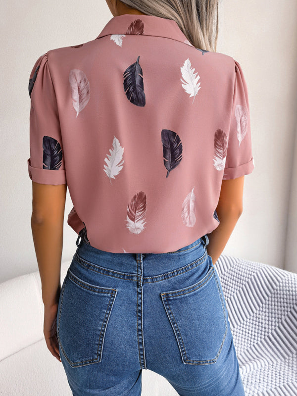 Women’s Elegant Feather Print Loose Short Sleeve Shirt